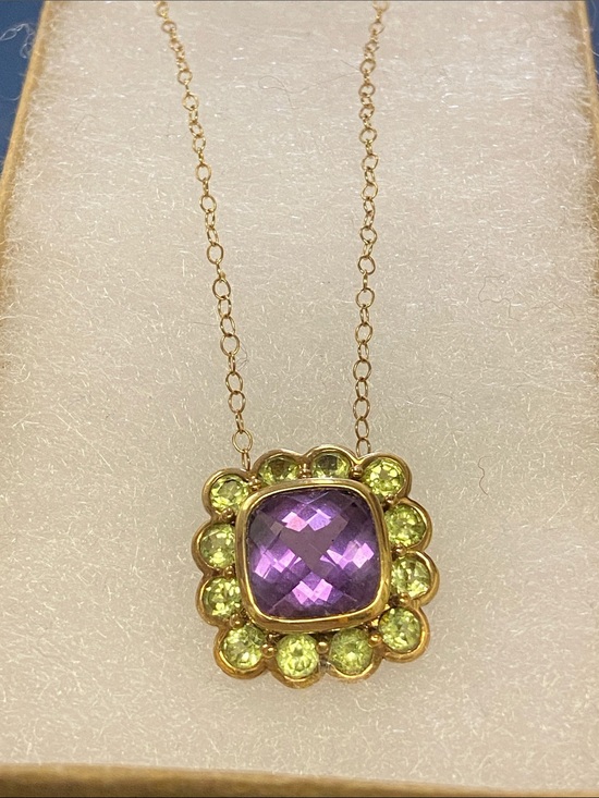 Jewelry - 925 Gold Peridot Amethyst Pendant on 16” 585 Yellow Gold Vintage Chain Beautiful